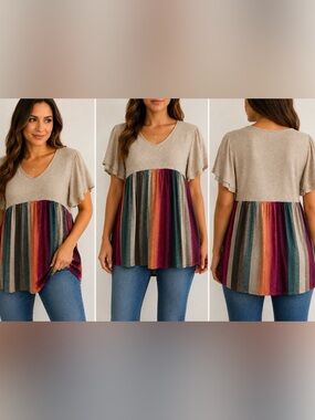 Heimish USA Waffle Knit Multicolor Stripe Babydoll Tunic Top Medium
